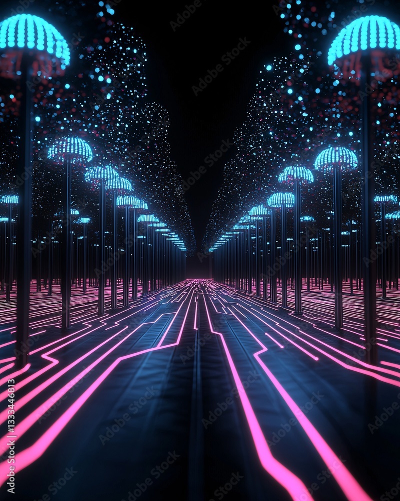 Poster a surreal cyber forest where neon trees pulse with energy, abstract foliage made of shimmering data 
