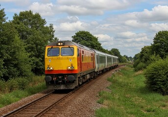 Fototapeta premium Passenger Train Approaching on Railway Tracks Through Countryside Landscape