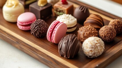 A variety of desserts elegantly placed on a wooden tray, including macarons and chocolate truffles.