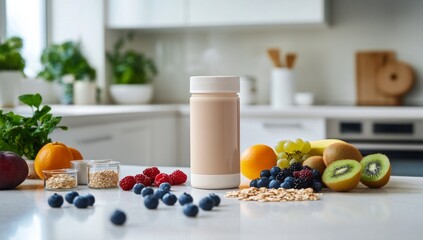 Healthy smoothie container on kitchen counter with fruit and oats