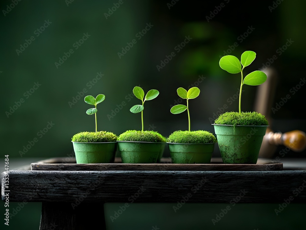 Poster delicate seedlings bursting forth from peat moss containers displayed on a rustic time worn wooden t