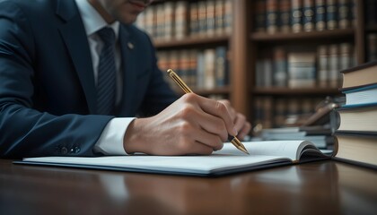 Close-up of a lawyer in a suit signing a legal document with a pen. Businessman writing in a book in a library with law books in the background. Concept of justice, contracts, and legal advice.