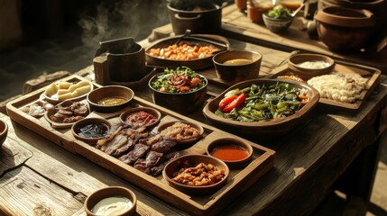 A warm, rustic banquet setting with wooden trays of grilled meats, vegetables, and dipping sauces.
