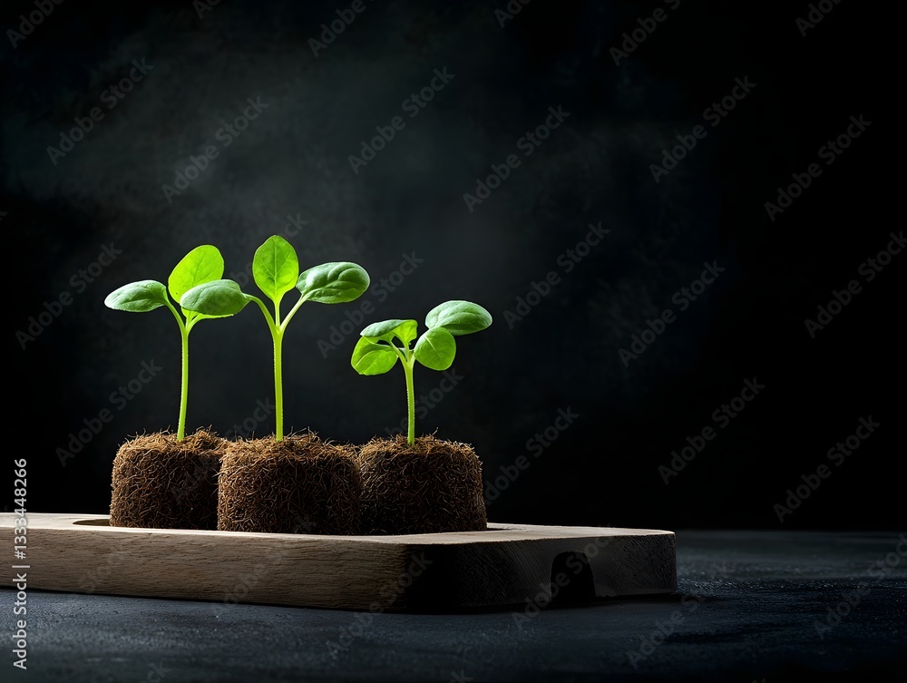 Poster delicate tender seedlings bursting forth from peat moss containers displayed on a rustic time worn w
