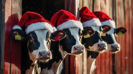 Three Cows Wearing Santa Hats in a Barn