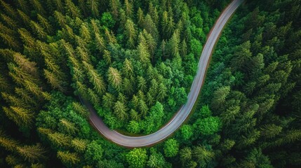 Aerial perspective of a quiet forest road meandering through thick evergreen trees.