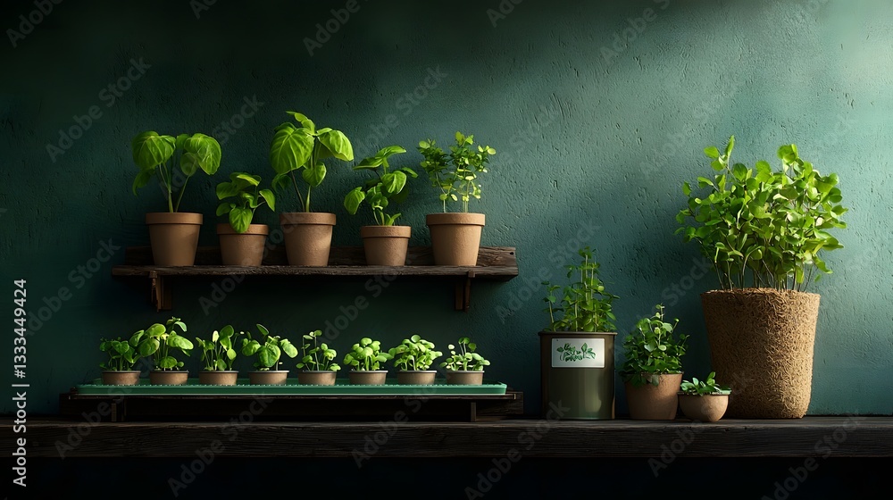Aufkleber diverse array of budding plants and tender sprouts in peat seed starting trays set against a weather
