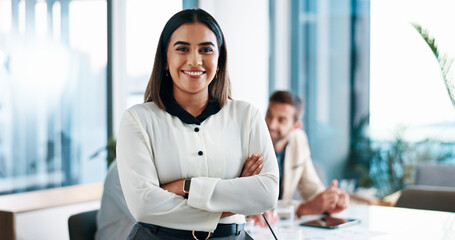 Corporate, crossed arms and portrait of business woman in office with confidence, pride and smile....