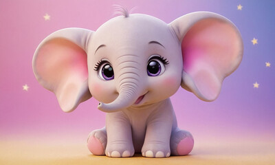 A cute baby elephant with a chubby, rounded body, big expressive eyes, and a cheerful smile