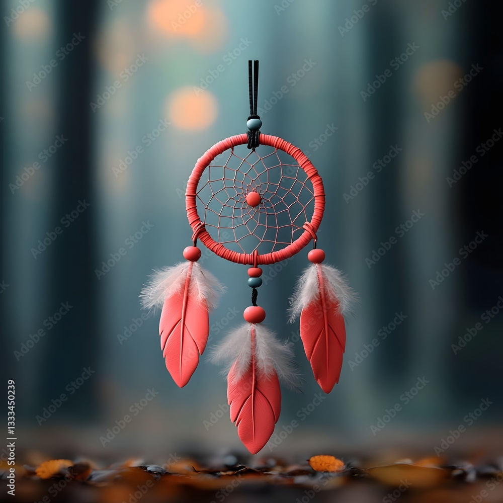 Poster dreamcatcher adorned with a delicate pink ribbon representing unity and inner power set against a tr