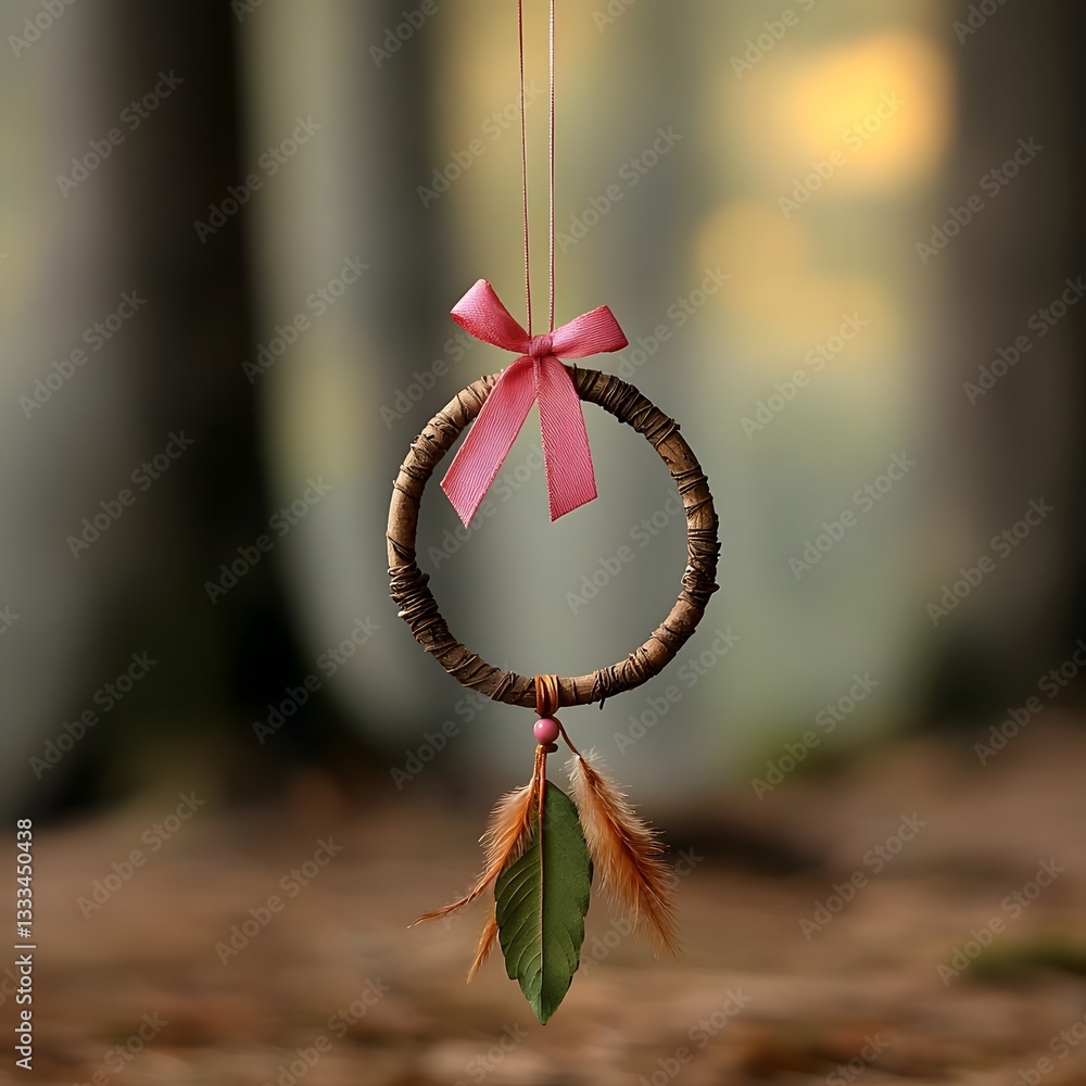 Poster dreamcatcher adorned with a soft pink ribbon representing unity and inner power featuring intricate 