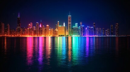 Fototapeta premium A city skyline illuminated with rainbow lights at night, reflecting in the water below, symbolizing awareness, support, and the beauty of diversity in urban communities