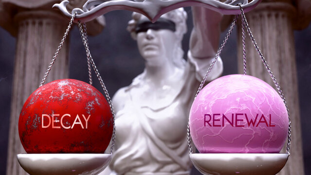 Decay or Renewal as a choice, two options to choose from. Greek statue presenting two alternatives: decay or renewal, weighing their values. Looking at pros and cons. ,3d illustration
