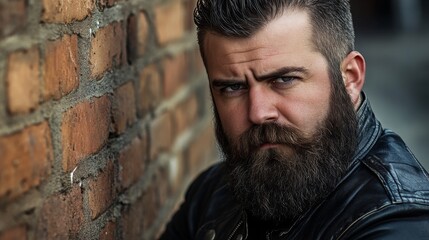 Fototapeta premium Bearded Man Leaning Against Brick Wall Wearing Leather Jacket