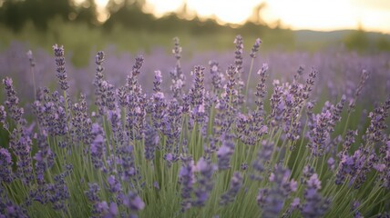 Obraz premium Tranquil Lavender Field at Sunset: Warm Golden Light Illuminates Purple Flowers