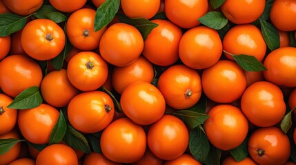 Fresh oranges with vibrant green leaves arranged neatly