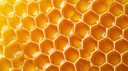 Close-up of glistening honeycomb with dripping honey