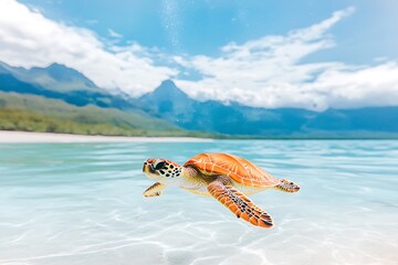 Turtle swimming for tropical beach, ocean.