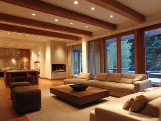 A modern living space with open layout and cozy furnishings