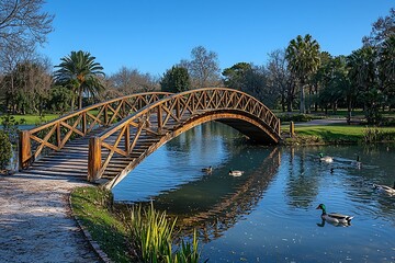 Fototapeta premium Wooden bridge arches gracefully over a calm body of water