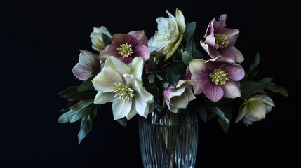 Close-up of a luxurious hellebore bouquet in a glass vase against a deep black background, moody and elegant.