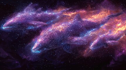 Celestial Whales: A cosmic ballet of stardust and marine life, an ethereal dance of three whales in a nebula, a breathtaking digital artwork.