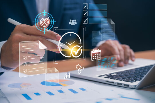 Time management and productivity planning. businessman working on a laptop with clock, checklist, and calendar, symbolizing business planning, task management, and effective goal setting.
