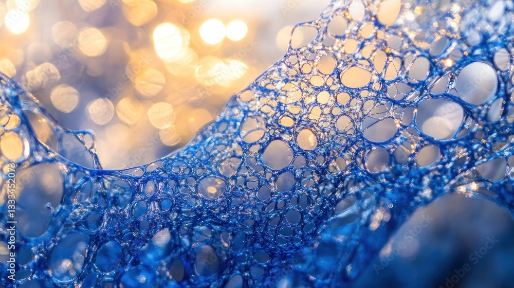 Poster close-up of tiny blue bubbles forming a delicate network of reflections and light.