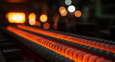 Hot steel rebars in glowing industrial production line