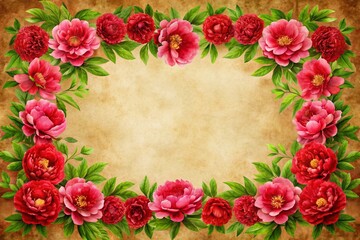 Vintage Red Peony Floral Frame Border on Parchment Paper Background - Copy Space for Design & Cards