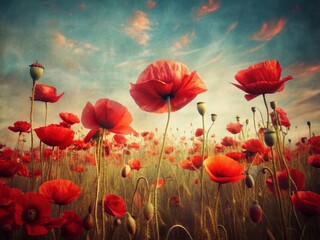 Obraz premium Vintage Red Poppy Blossom Flower Background PNG - Retro Floral Wallpaper