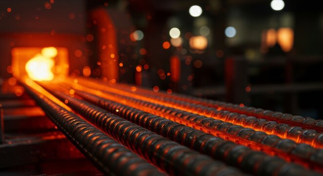 Hot steel rebars in glowing industrial production line