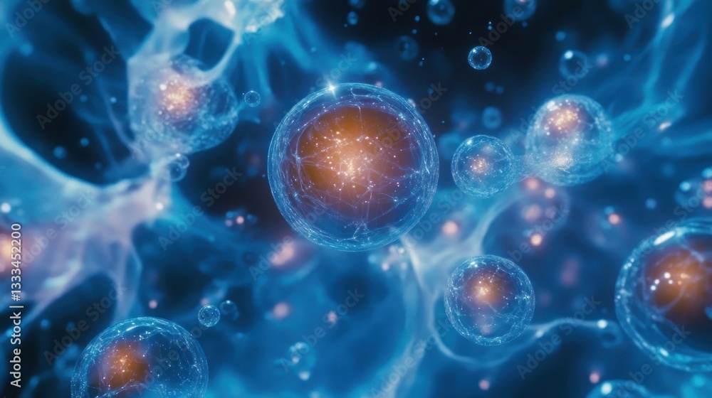 Poster close-up of tiny blue bubbles forming a delicate network of reflections and light.