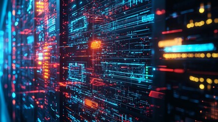 Glowing futuristic mainframe visualization cybernetic security layers abstract noise patterns and AI driven information technology flow