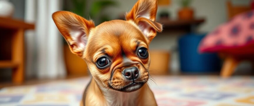 Adorable brown Poppy chihuahua-pug mix puppy at home, one ear up, one down, pug mix, mammal