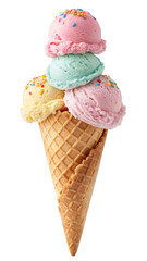 Stacked neapolitan ice cream scoops in a cone