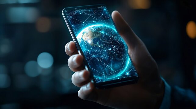 Hand holding futuristic smartphone with a 3D holographic projection of Earth displaying digital connections global business transactions and secure communication channels