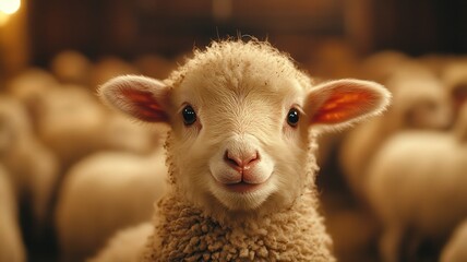 Fototapeta premium Close-Up Portrait of a Fluffy Cream-Colored Lamb in a Barn