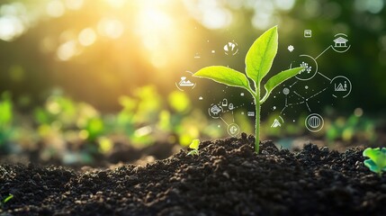 Young Plant Growing Under Morning Sun with Nature Symbols