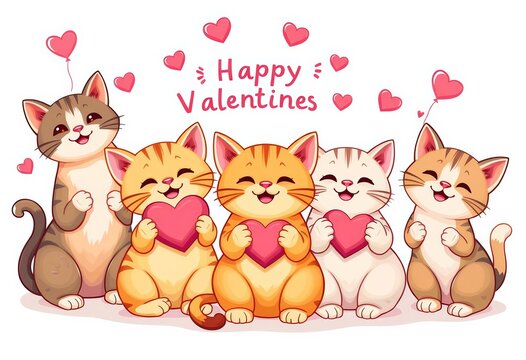 Adorable cartoon cats in various poses celebrating Valentine's Day Flat color style, isolated on white, paw, design - Powered by Adobe