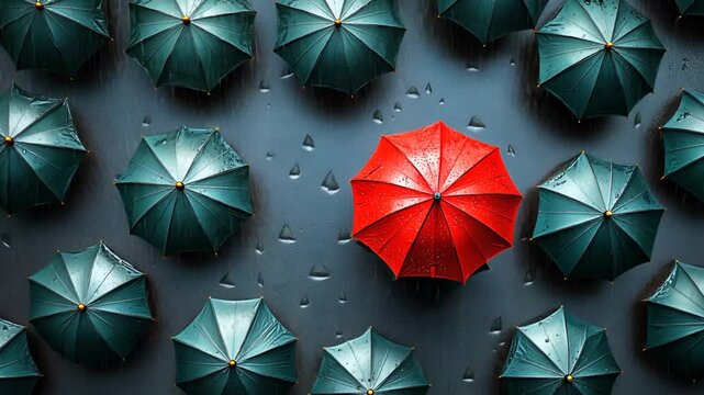 Red umbrella amidst many green, rain drops, top view.  Possible use Concept of difference or standing out