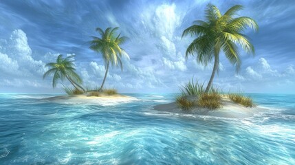 Tranquil Tropical Island Paradise Palm Trees Azure Ocean and Serene Sky