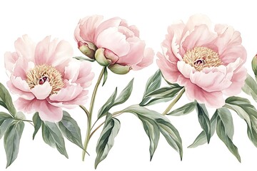Watercolor Pink Peonies Illustration – Lush Blooming Flowers with Green Leaves