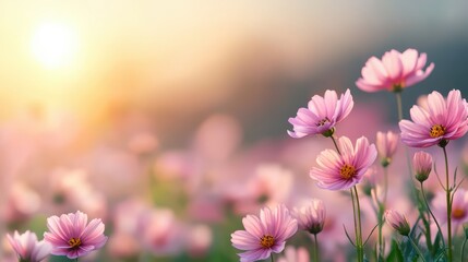 Delicate pink flowers basking in golden sunlight