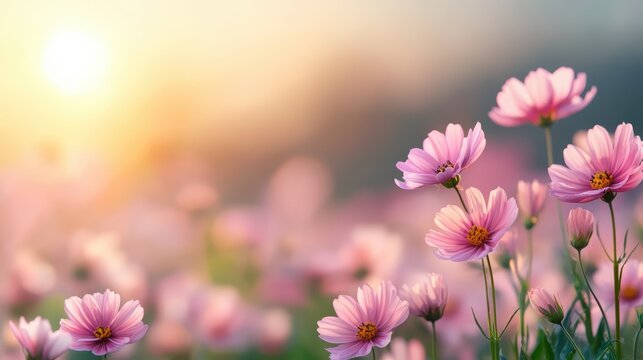 Delicate pink flowers basking in golden sunlight