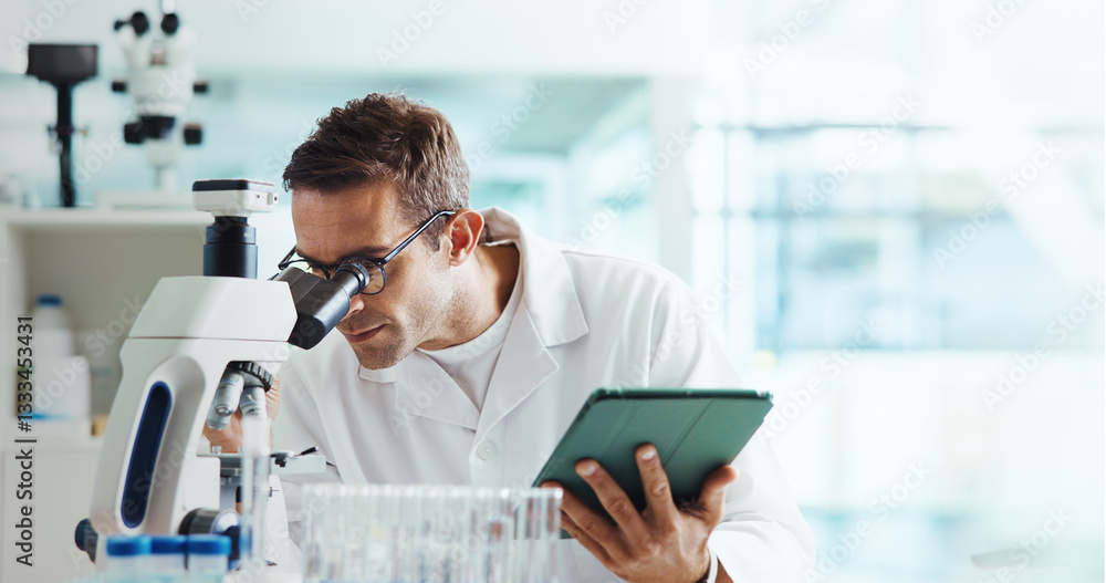 Poster Man, microscope and tablet for results with science for medical study with container, review and space. Person, digital touchscreen and app for chemical analysis with pharma for vaccine development