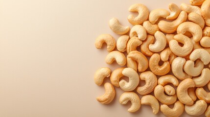 Fototapeta premium Close-up of raw cashew nuts on a beige background