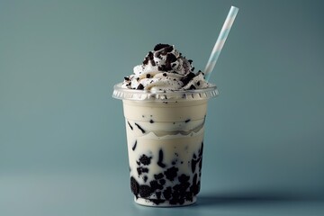 Oreo Milk Smoothie with Cream in Plastic Cup Healthy Drink to Refresh and Cool Down