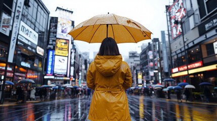 Rainy City Street Woman Yellow Raincoat Umbrella