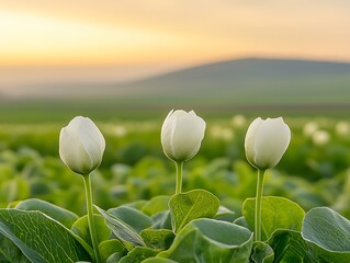 White Tulips Sunset Field Landscape.